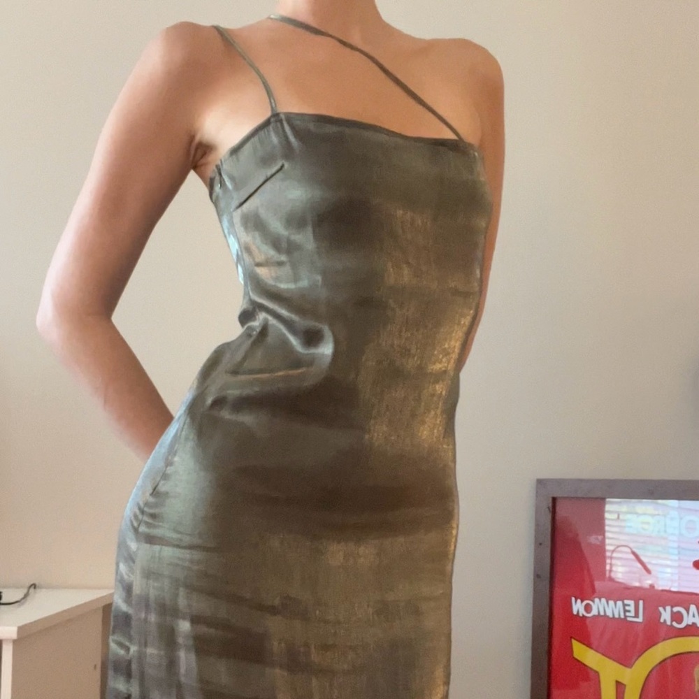 Green Shimmery Asymmetrical Maxi Dress